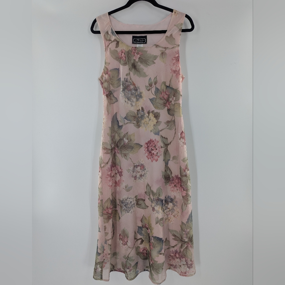 VTG Studio Connection Floral Midi Dress Pink Sheer Overlay Sleeveless 14 Pastel